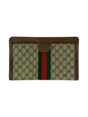 Gucci Vintage Sherry Line Beige Brown GG Supreme Canvas Leather Clutch